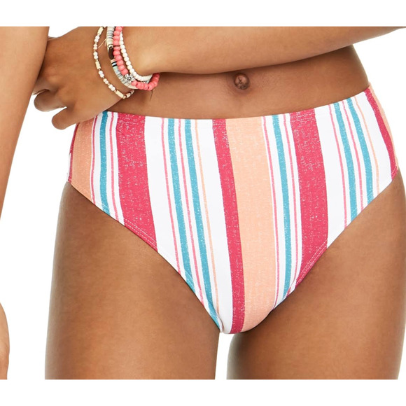 Roxy Women's Striped Pink Green High Waist Swim Bottoms Medium NEW - Picture 1 of 6